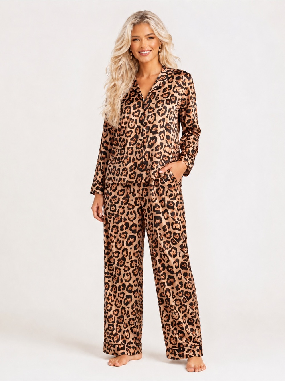 NWOT Women’s Leopard Satin Pajama Set Medium Soft Lounge Sleepwear